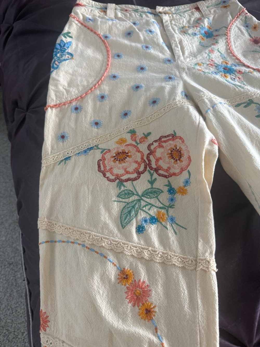Free People Cream Embroidered Wide-Leg Floral Pants
